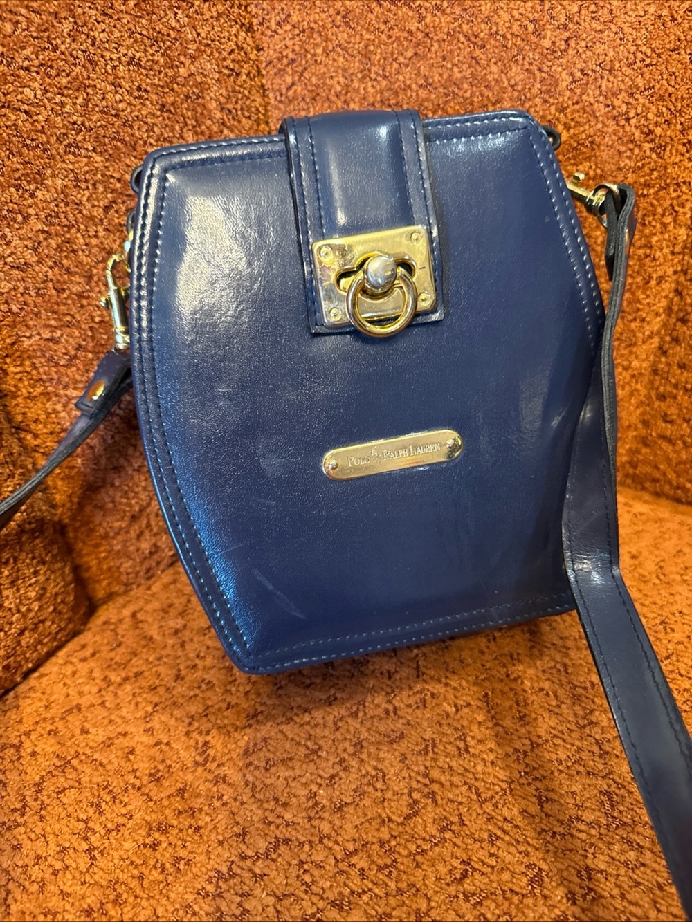 Ralph Lauren Navy Blue Leather Crossbody with Gold Hardware